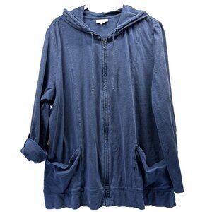 J Jill Women's Hooded Jacket Size XL Solid Blue Slouchy Pockets Roll Tab Sleeves
